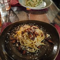 Vegan carbonara and vegan tonnarello at Rifugio Romano in Rome
