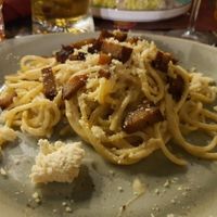 Spaghetti alla carbonara, with vegan parmesan cheess at Rifugio Romano in Rome