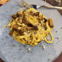 Vegan carbonara with seitan   at Rifugio Romano in Rome