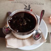 Caramel vegan cheesecake (decent size in reality) at Rifugio Romano in Rome