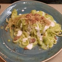 Tonnarelli al broccolo romano e burrata d'anacardi at Rifugio Romano in Rome