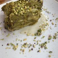 Lasagna of artichokes and pistachio, soooo delicious  at Rifugio Romano in Rome