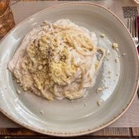 Tonnarello cacio e pepe Vegan at Rifugio Romano in Rome