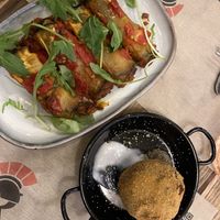 Eggplant involtini, arancino  at Rifugio Romano in Rome