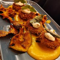 Meatballs, carrot puree, roast pumpkin, cashew cream, crispy sage at Rifugio Romano in Rome