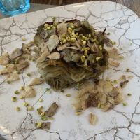 Vegan pistachio lasagne  at Rifugio Romano in Rome