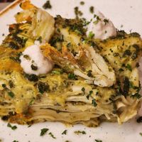 Zucchini-flower pesto lasagne at Rifugio Romano in Rome