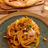 Pasta with courgette flower pesto at Rifugio Romano in Rome