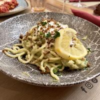 Vegan tonnarello with lemon and sausage   at Rifugio Romano in Rome
