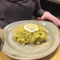 Seitan zucchini risotto but the seitan is switched into tofu at Rifugio Romano in Rome
