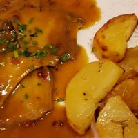 Seitan scallopine w red pepper sauce at Rifugio Romano in Rome
