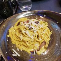 Vegan spaghetti alla carbonaeq at Rifugio Romano in Rome