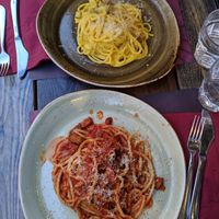 Vegan bucatini with seitan and vegan carbonara with seitan  at Rifugio Romano in Rome