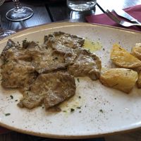Seitan escalopes with potato wedges at Rifugio Romano in Rome