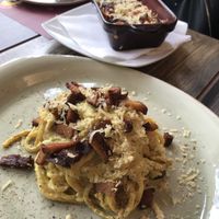 Spaghetti carbonara and lasagne  at Rifugio Romano in Rome