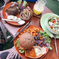 Rice with mushrooms, Burger and greek salad  at Pure Vegan Heaven - Chalong  in Phuket