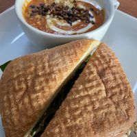 Pesto sandwich with tomato bisque oh la la  at Cafe Wylde in Everett