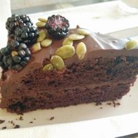 chocolate cake with blackberries and pumpkin seeds at Herbivore in Prague