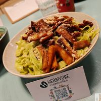 spinach tagliatelle with smoked tofu, sundried tomatoes and cashew parmesan at Herbivore in Prague