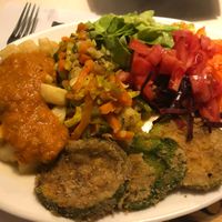 Vegan executive menu: gnocchi, cooked zucchini carrot, breaded zucchini, and salad at Vegetariano in San Carlos De Bariloche