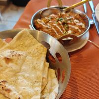 Vegetable Jalfrezi (spicy) and garlic naan at Indian Raja in Riga