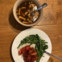 Hot and Sour soup, green beans, and Sweet and Sour “chicken” on steamed rice  at Little Peking in Fresno