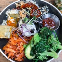 Korean Fried Tofu - brown rice, pickled kimchi cabbage, roast pumpkin, winter greens, ginger, garlic & soy sticky sauce, sunflower cream. at Bespoke Kitchen  in Queenstown