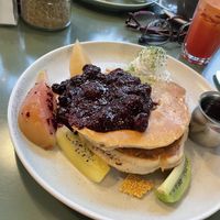 Irresistible vegan pancakes, filling yet of questionable value. The meal at the top of the pic is a (not vegan) vegetarian breakfast    at Bespoke Kitchen  in Queenstown