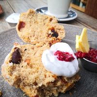 Vegan scone with coco whip and rasperrby jam.  at Bespoke Kitchen  in Queenstown