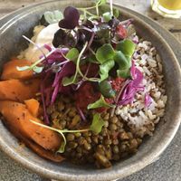 winter wellness (gf, vegan) —
lentil, cauliflower, harrisa roast carrot, 
quinoa rice, almond beetroot pesto, 
pickled cabbage, crispy kale, 
tahini dressing  at Bespoke Kitchen  in Queenstown