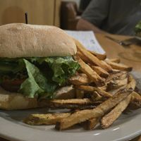 Burger with fries at Longs Peak Pub in Longmont