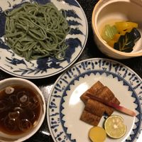 3/4 green tea noodles were superb as well as the lotus root resembling fried eel.  at Motoyu Kansuiro in Hakone