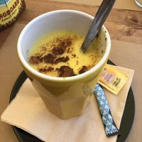 Golden milk (tumeric oat milk latte) at Barbatana in Ericeira