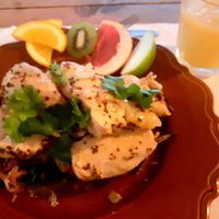 Honey chicken and oven roasted aubergine. Work a ginger and melon juice at Agua no Bico in Lisbon