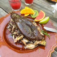 Eggplant out of the oven & mushroom mix  at Agua no Bico in Lisbon