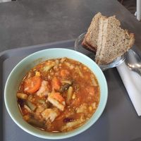 Vegetable vegan stew with extra bread at Gajbica in Zagreb