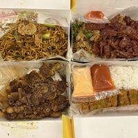 Vegan delivery- noodle dish, cutlet, kebab, and fried rice with vegan meat.  at Loving Hut in Tanjung Duren