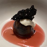 First dessert of the 8 course menu: fig with almond cream, waffel and some sauce.  at Ali Pacha in La Paz