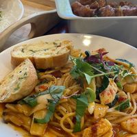 Vegan shrimp pasta and butter baguette   at DalYang - Sweet Kitten 달냥 in Seoul