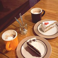 Amazing delicious vegan+gluten-free peanut butter chocolate and grapefruit creamy cakes with how cocoa and whipped cream  at DalYang - Sweet Kitten 달냥 in Seoul