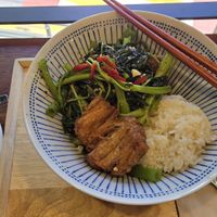Water spinach and vegan chicken with rice at Vegan Cafe Dalyang in Seoul