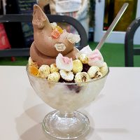 Vegan bingsu with home-made soft serve ice cream (chocolate flavor) at DalYang - Sweet Kitten 달냥 in Seoul