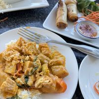 Pumpkin curry extremely yummy & deep fried rolls   at Yellow Curry in Seaside