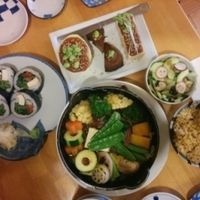 dinner set: cha-ya nabe sukiyaki soup, dengaku (broiled tofu and eggplant), vegan sushi, brown rice, lunch set with complementary miso soup and cucumber salad at Cha-Ya in San Francisco