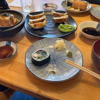 Clockwise from top left: agedashi tofu, gyoza, inari, vegan roll, miso soup, vegan roll at Cha-Ya in San Francisco