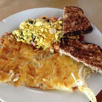 Vegan El Paso Scramble sub tofu & Daiya vegan cheddar, vegan seeded wheat toast at Jam on Hawthorne in Portland
