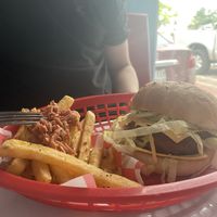 Loaded fries and beyond burger  at Comet 984 in Playa Del Carmen