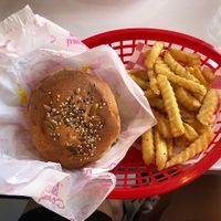Cheeseburger (with Beyond meat) and french fries at Comet 984 in Playa Del Carmen