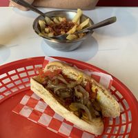 The “cheese” Hot Dog and the loaded fries 🍟 in a dog bowl  at Comet 984 in Playa Del Carmen