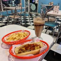 BBQ hotdog, fries and snickers milkshake at Comet 984 in Playa Del Carmen
